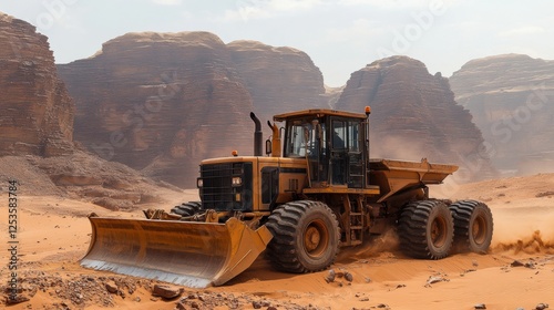 Heavy Machinery Bulldozer Operating in a Sandy Desert Landscape with Majestic Mountains in Background