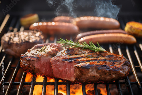 Leckeres Steak auf einem heissen Grill mit einem Rosmarinzweig garniert. photo