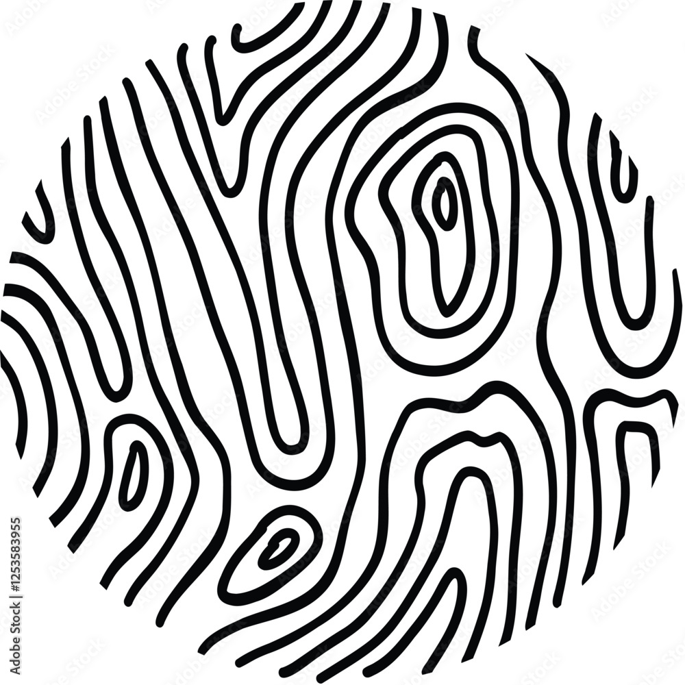 Wood line circle. Tree trunk cross section with topography rings, black and white timber log slices with contour sketch. Vector isolated icon on white