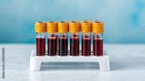 Laboratory test tubes with blood samples in a rack against a soft blue background photo