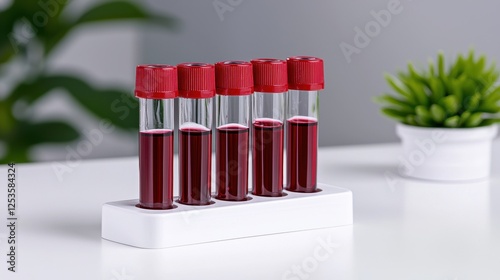 Five Blood Collection Tubes with Red Caps in Laboratory Setting for Medical Research