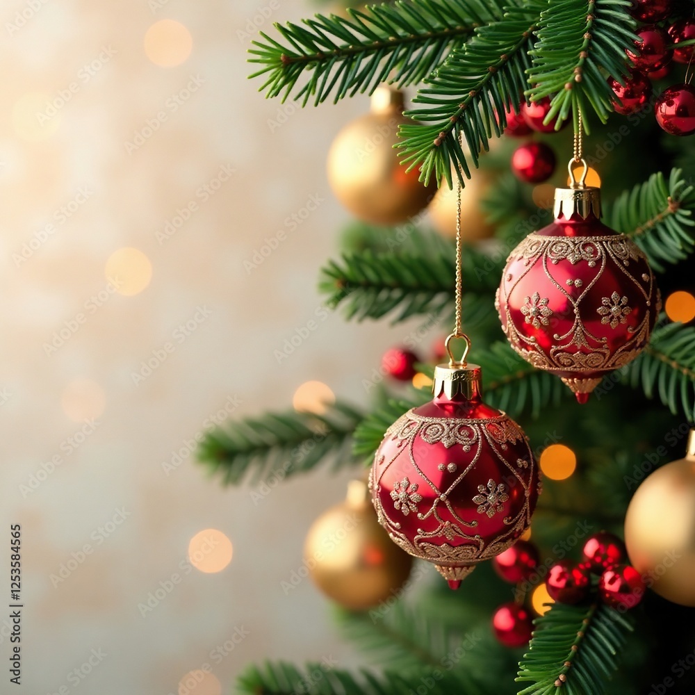 Fototapeta premium Ornate glass ornaments dangle from evergreen branches, Red Decorations, Gold Ornaments