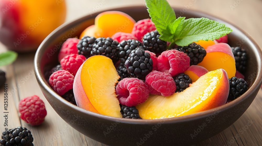 Fresh Peach, Raspberry, and Blackberry Bowl with Mint Leaves on Wood Fresh Peach, Raspberry, and Blackberry Bowl with Mint Leaves on Wood