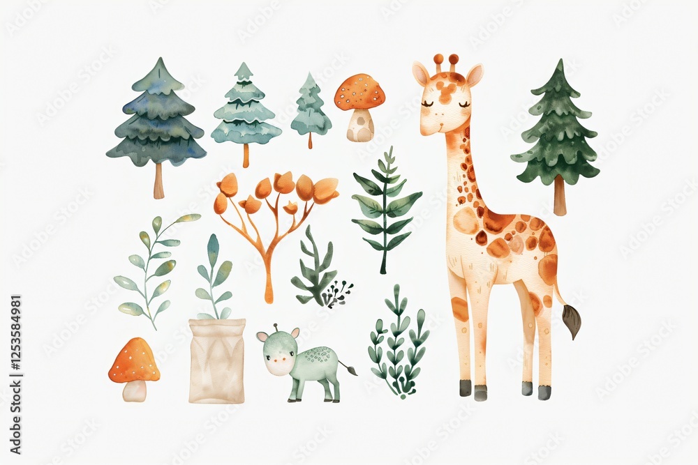Obraz premium Adorable Watercolor Giraffe Trees Plants Mushrooms Cute Nursery Animals Illustration