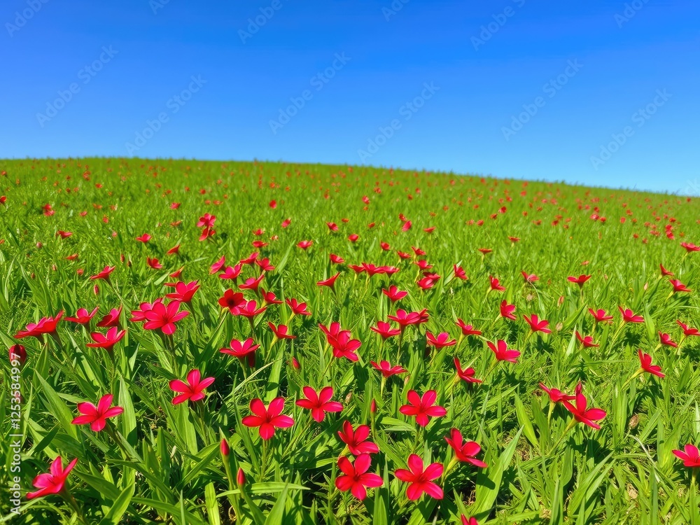 Vibrant red erythrina flowers scattered on a lush green meadow under a clear blue sky, colorful flowers, blue sky Vibrant red erythrina flowers scattered on a lush green meadow under a clear blue sky, colorful flowers, blue sky