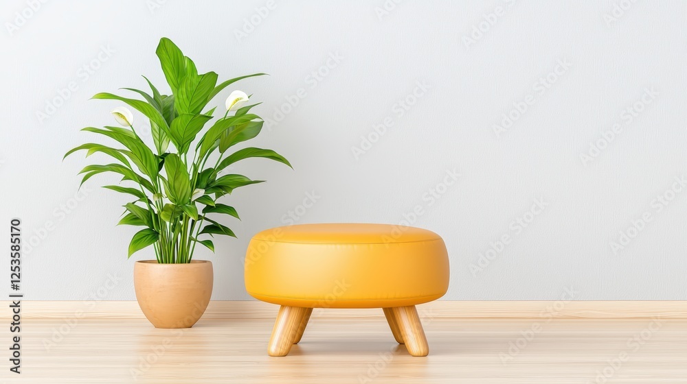 Fototapeta premium Bright Yellow Ottoman Next to Lush Green Plant in Modern Minimalist Living Space Interior Design