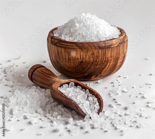 Brown wooden bowl and scoop with coarse salt on white background. AI generated illustration