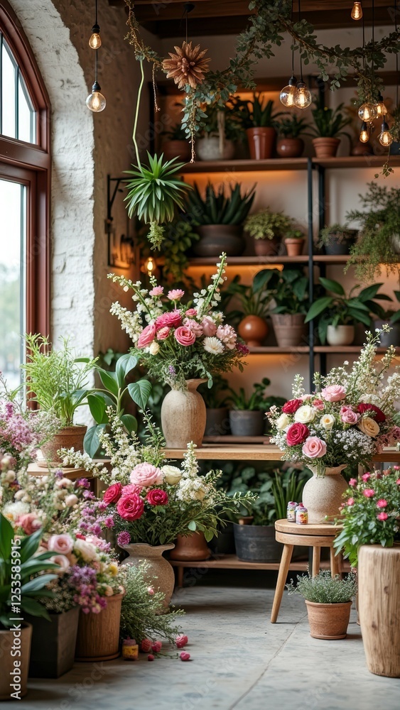 Obraz premium Lush floral shop interior with vibrant bouquets and potted plants by window