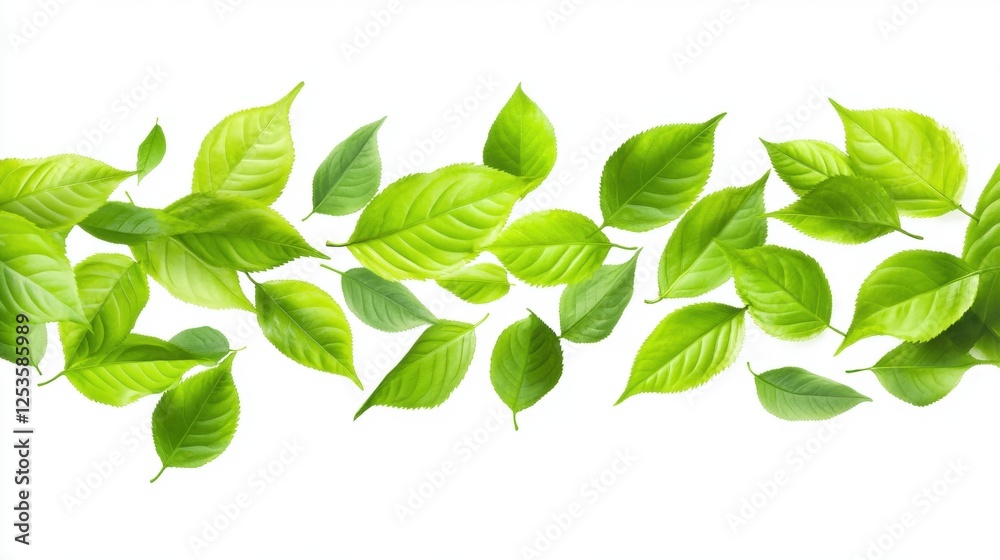 Fototapeta premium Scattered Green Leaves on a White Background Creating a Fresh and Lively Natural Atmosphere