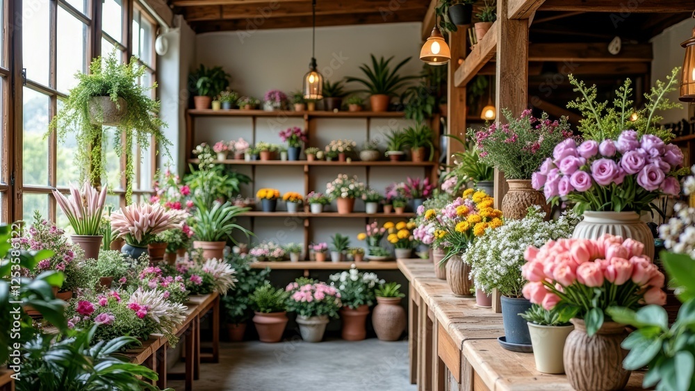 Obraz premium Charming indoor flower shop with diverse colorful floral arrangements