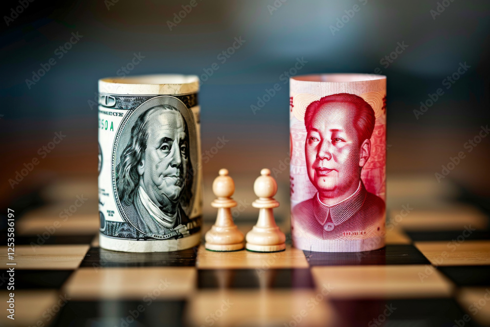 Rolled US dollar and Chinese yuan banknotes on chessboard. Concept of trade wars, currency exchange and economic rivalry