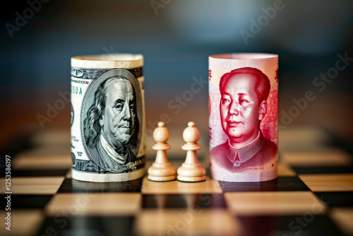 Obraz na płótnie Rolled US dollar and Chinese yuan banknotes on chessboard. Concept of trade wars, currency exchange and economic rivalry w salonie