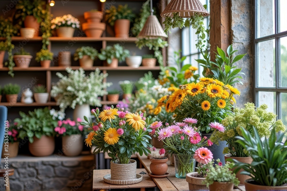 Obraz premium Vibrant indoor garden with bright flowers and lush greenery in rustic setting