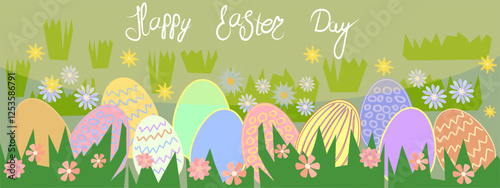 Easter greeting card with birds and Easter eggs