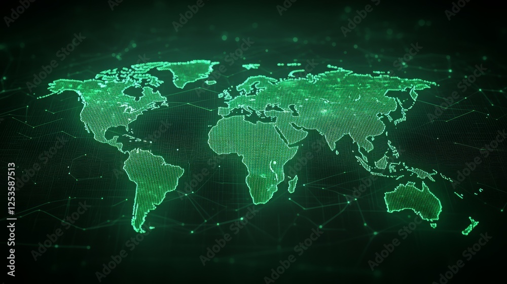 Naklejka premium Global connections illuminated, green lights highlight world map depicting interconnected network