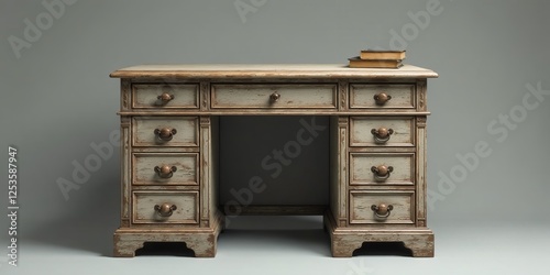 Antique wooden writing desk with distressed paint finish and multiple drawers, featuring ornate detailing and aged brass hardware, perfect for a study or home office