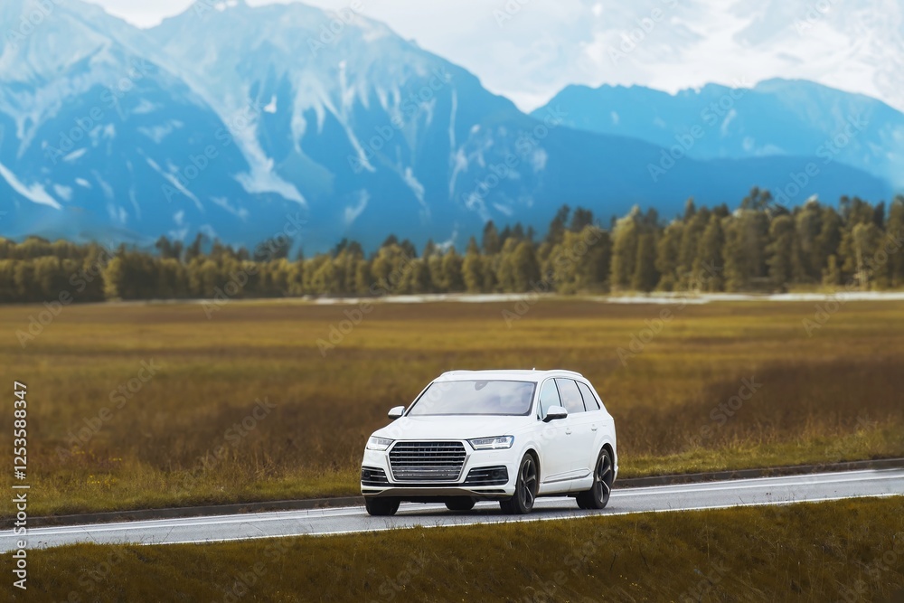 Fototapeta premium Shiny SUV truck driving on scenic highway