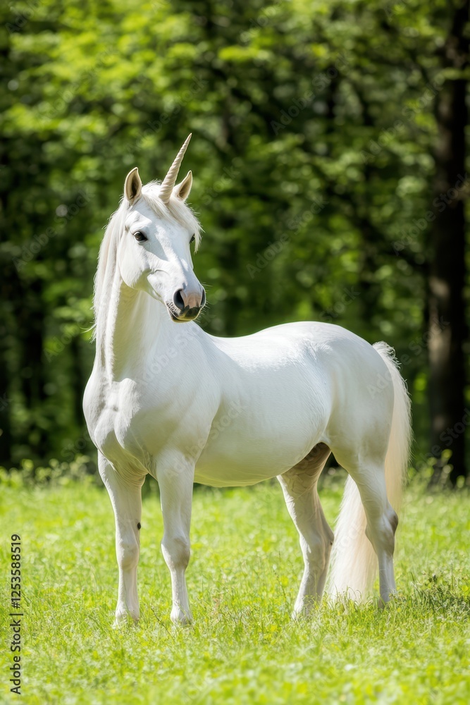 Majestic White Unicorn Standing Gracefully in Lush Green Meadow Majestic White Unicorn Standing Gracefully in Lush Green Meadow