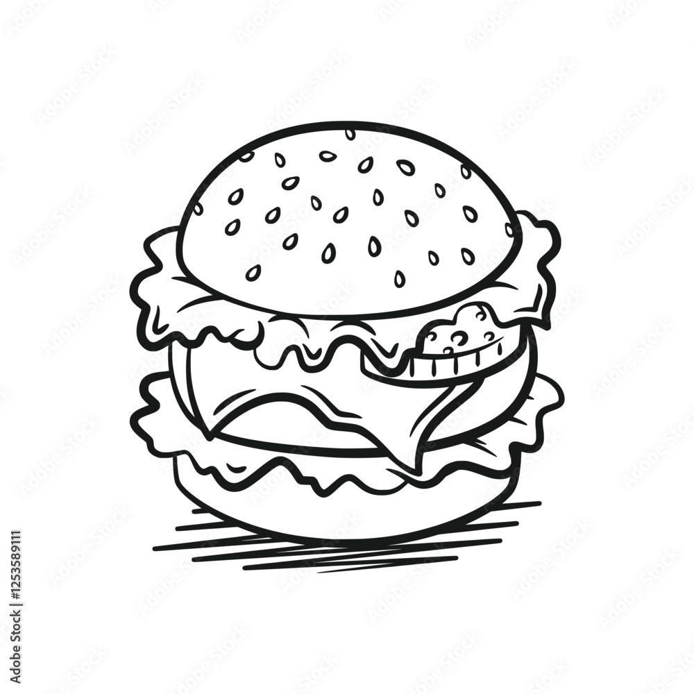Delicious Hamburger in Vector Line Art Style Delicious Hamburger in Vector Line Art Style