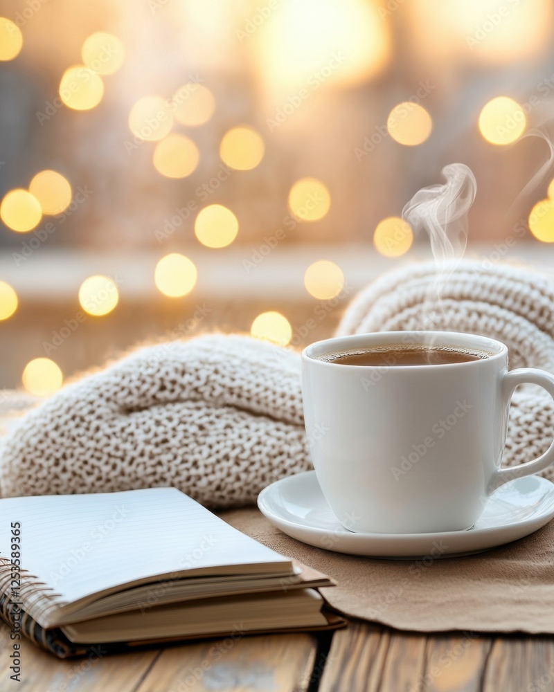 A warm evening scene with a steaming cup of herbal tea, a knitted blanket, and a journal on a wooden table, fairy lights softly glowing A warm evening scene with a steaming cup of herbal tea, a knitted blanket, and a journal on a wooden table, fairy lights softly glowing