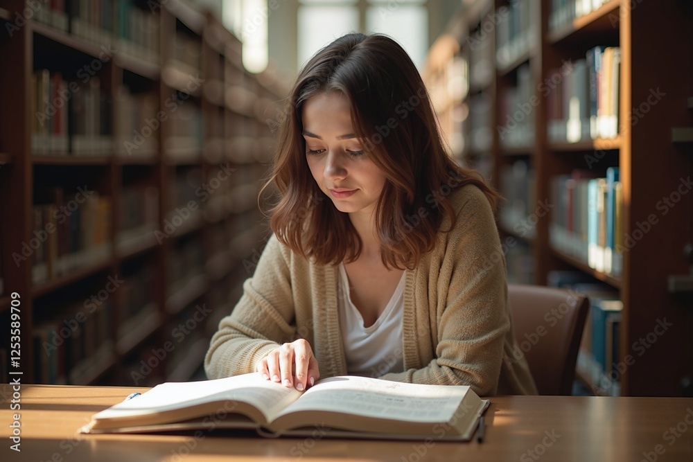 Young woman reading book in quiet library surrounded by books Young woman reading book in quiet library surrounded by books