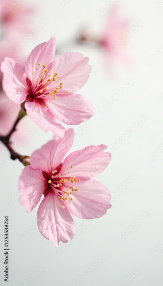 Cherry blossoms against a soft white background with minimal distraction, negative space, simplicity, clean composition Cherry blossoms against a soft white background with minimal distraction, negative space, simplicity, clean composition
