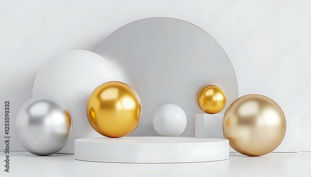 Abstract composition with a white background, right-aligned golden and silver spheres, and a sleek white podium, perfect for luxury product presentations. Abstract composition with a white background, right-aligned golden and silver spheres, and a sleek white podium, perfect for luxury product presentations.