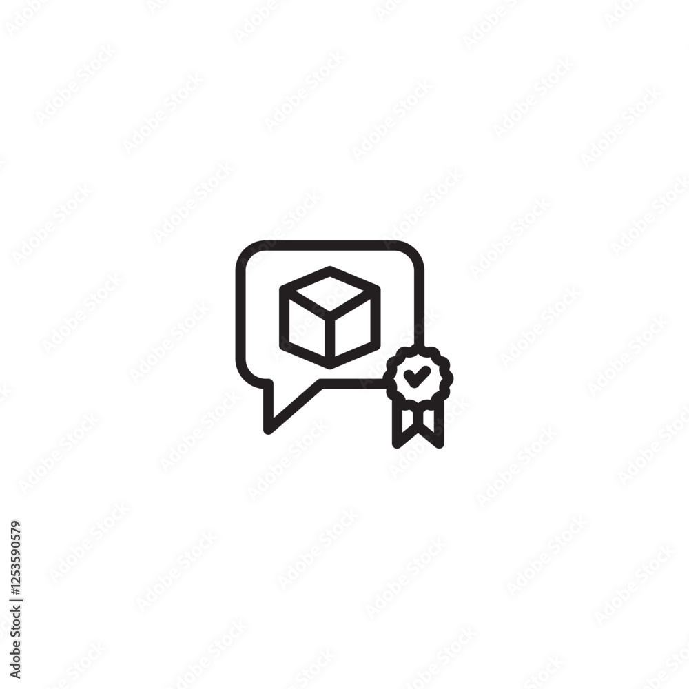 A speech bubble containing a 3D cube, next to a quality seal with a checkmark and ribbon. Represents verified product information, feedback, or certified details about a 3D object. A speech bubble containing a 3D cube, next to a quality seal with a checkmark and ribbon. Represents verified product information, feedback, or certified details about a 3D object.