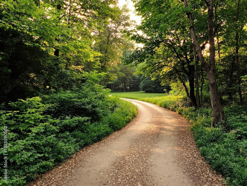 Fototapeta premium A winding path through dense green foliage leads to a serene forest clearing during the golden hour, , forest floor, winding path, green woods, sunlight filtering