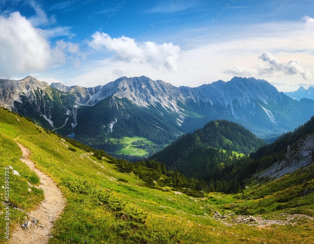 panoramic view at nature of alps mountains in styria austria hiking and trekking trail along mountain range panoramic view at nature of alps mountains in styria austria hiking and trekking trail along mountain range