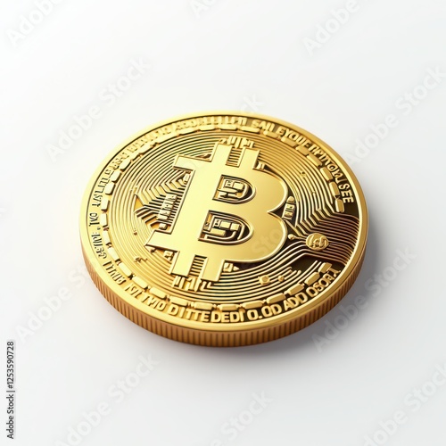Close-Up of a Detailed Bitcoin Coin in Shimmering Gold Finish on a White Background, Ideal for Representing Cryptocurrency Themes, Digital Investment, and Modern Finance Concepts 