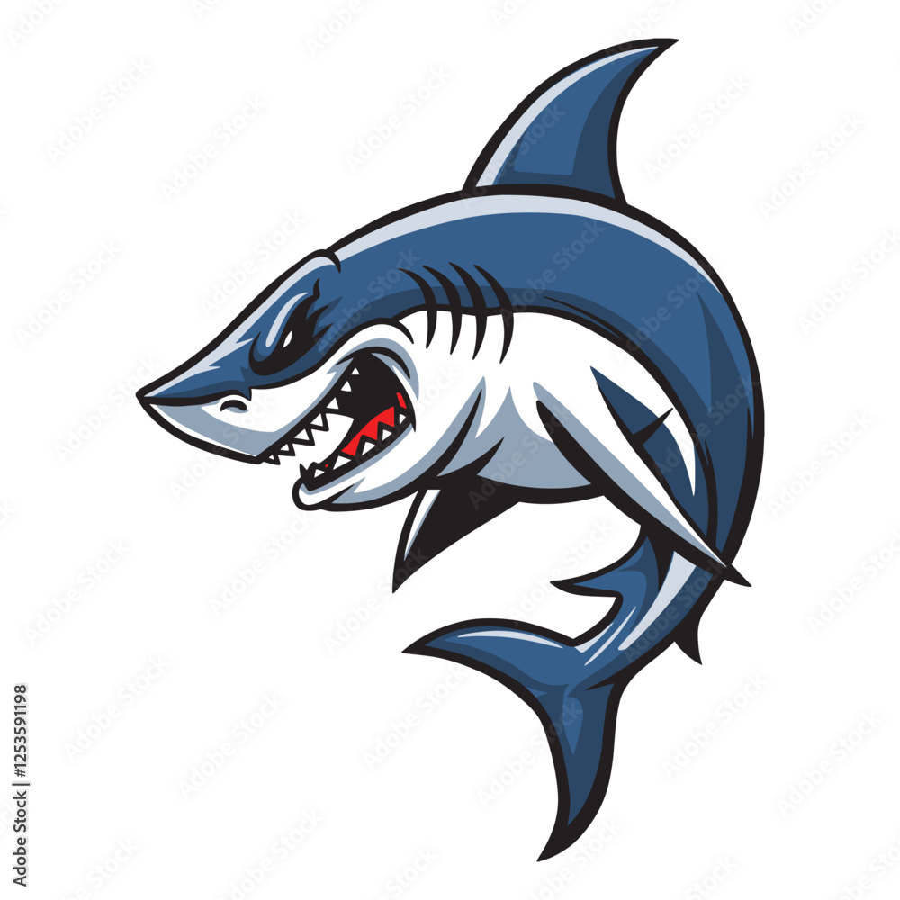 Fototapeta premium Cartoon angry shark, isolated vector illustration