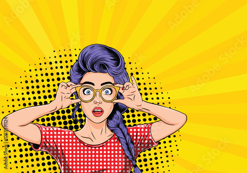 Sexy surprised woman with braided braid and open mouth wearing glasses. Pop art style vector illustration.