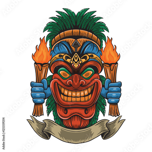 Cartoon Smiling Tiki Tribal Wooden Mask. Vector Illustration 