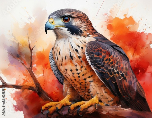 a regal falcon perched on a tree branch its sharp eyes piercing through the watercolor splashes of burnt orange and deep crimson