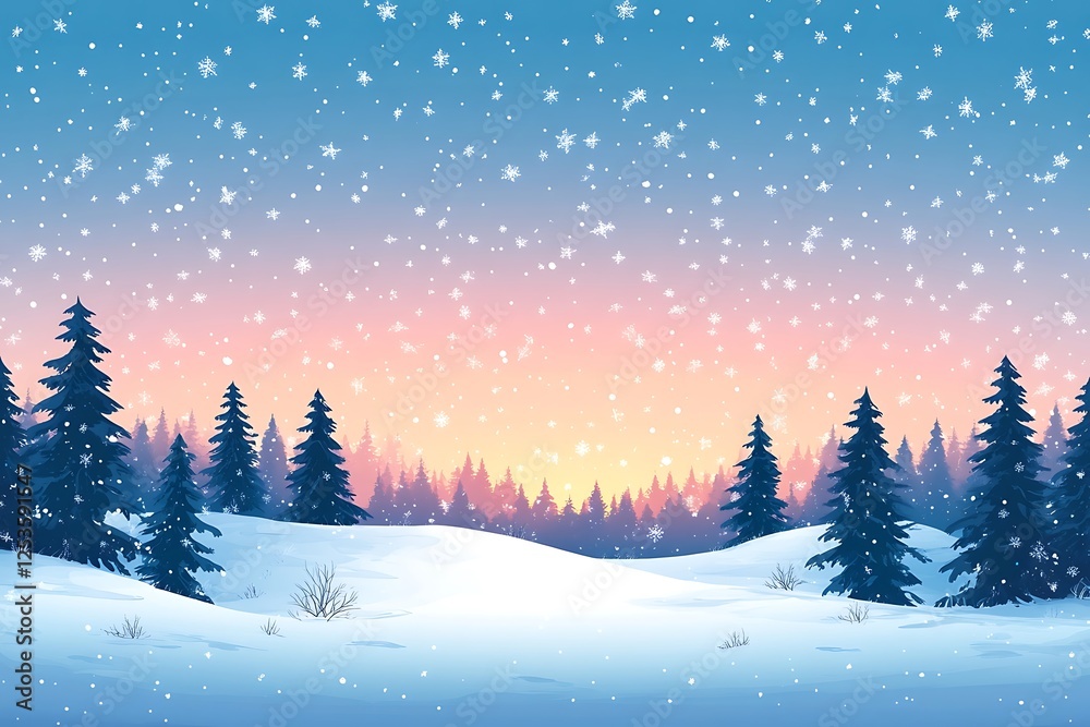 Fototapeta premium Snowy Pine Tree Winter Landscape Illustration
