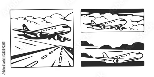 Retro Comic-Style Illustration of a Passenger Plane Taking Off  Illustrator Artwork