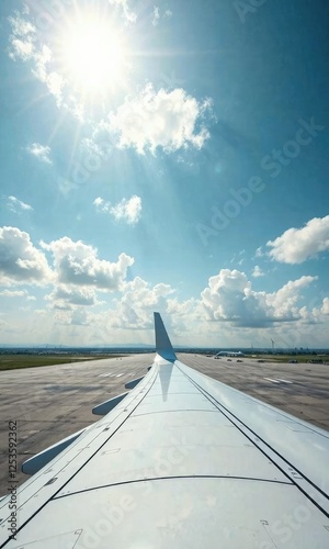 Wide-angle view of an airplane wing on the ground, aviation, wingspan