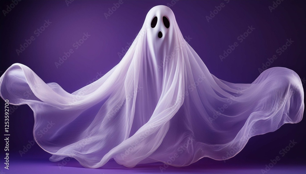 a realistic floating ghost decoration made of gauzy white fabric suspended against a dark purple background its form is slightly blurred at the edges to enhance its ethereal quality a realistic floating ghost decoration made of gauzy white fabric suspended against a dark purple background its form is slightly blurred at the edges to enhance its ethereal quality