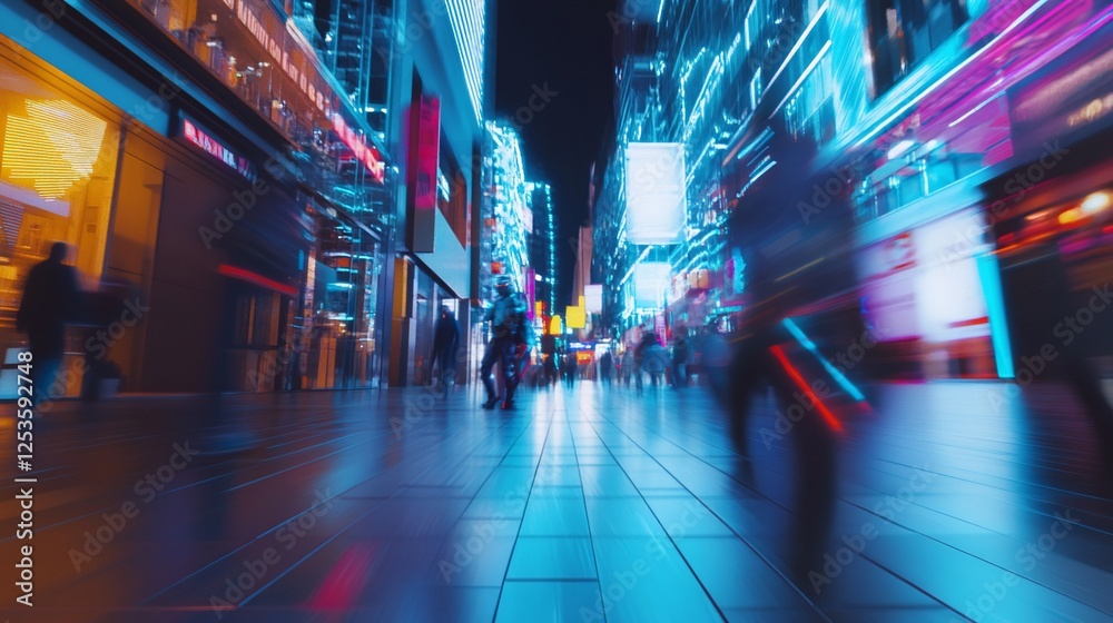 Futuristic Cityscape at Night with Blurry Pedestrians and Neon Lights in Urban Scene Futuristic Cityscape at Night with Blurry Pedestrians and Neon Lights in Urban Scene
