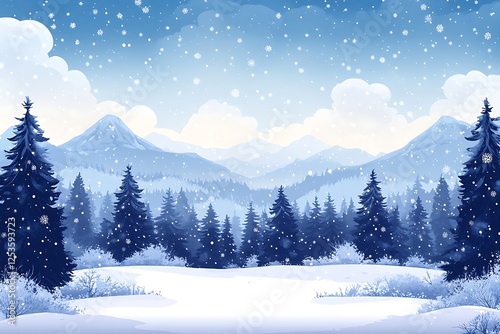 Snowy Mountain View with Trees and Falling Snowflakes