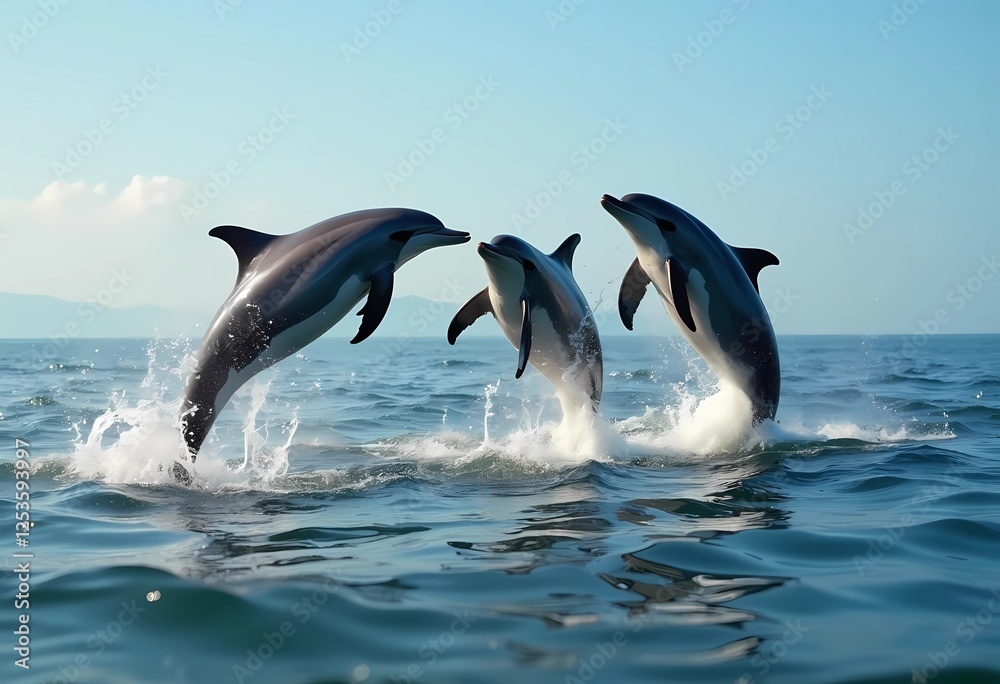 Fototapeta premium Three Dolphins Leaping Joyfully in the Ocean