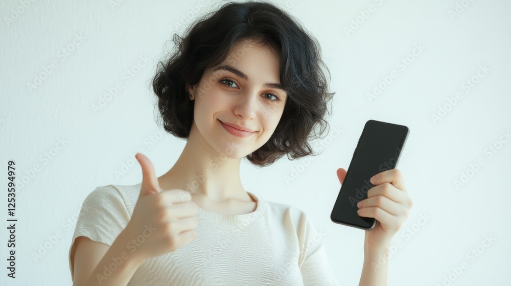 A young woman with slightly curly short hair holds a smartphone in one hand and gives a thumbs-up with the other, her confident face radiating a happy smile A young woman with slightly curly short hair holds a smartphone in one hand and gives a thumbs-up with the other, her confident face radiating a happy smile