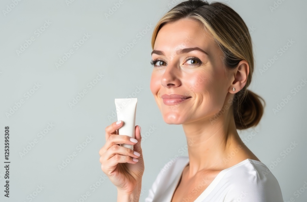 A well-groomed middle-aged woman holds in her hands a tube of cream for the face or around the eyes. Place for text. Advertising space A well-groomed middle-aged woman holds in her hands a tube of cream for the face or around the eyes. Place for text. Advertising space