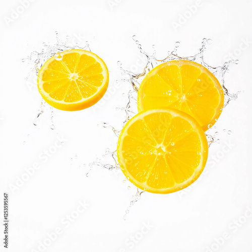 falling lemon slice water splash isolated on white background