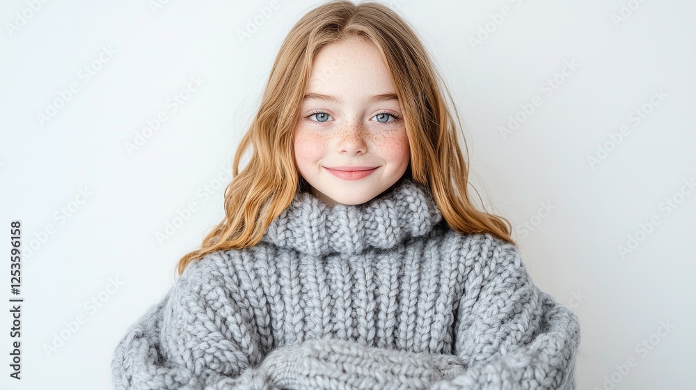 Girl in gray knitted sweater against white background. Possible use Childrens fashion, lifestyle Girl in gray knitted sweater against white background. Possible use Childrens fashion, lifestyle