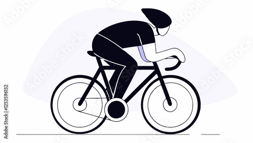 A simplistic line drawing showcases a cyclist in a dynamic riding position, featuring smooth curves and minimal detail. The monochromatic design emphasizes movement and form.AI