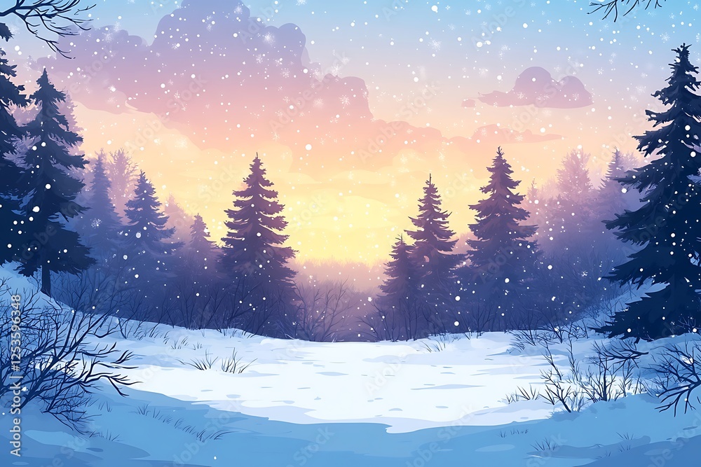 Naklejka premium Snowy Evergreen Trees at Sunset