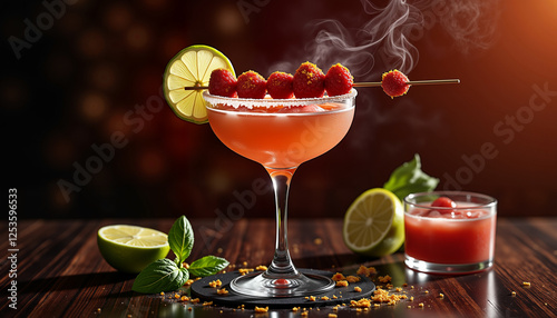 Elegant strawberry margarita with smoky vapor, luxurious cocktail