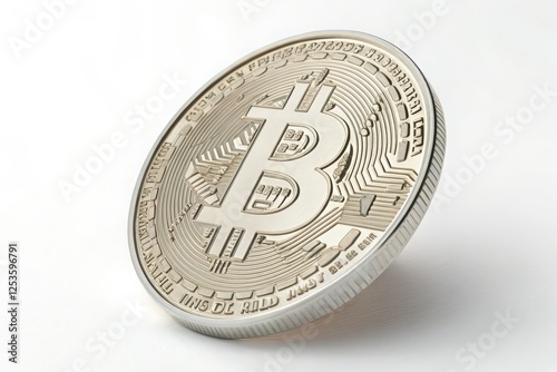 Close-Up of Detailed Bitcoin Coins in Shimmering  Platinum Finishes on a White Background, Ideal for Representing Cryptocurrency Themes, Digital Investment, and Modern Finance Concepts 